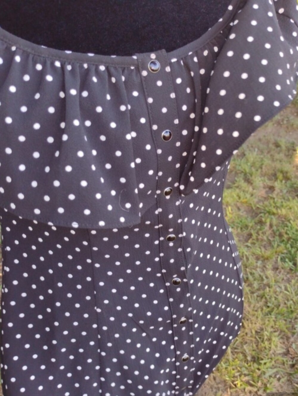 Black Polka Dot Off-Shoulder  Women’s Dress Snaps Down The Front.